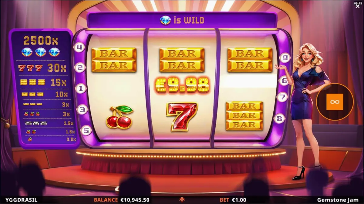 Interface brilhante e colorida do slot Gemstone Jam com símbolos de joias e barras